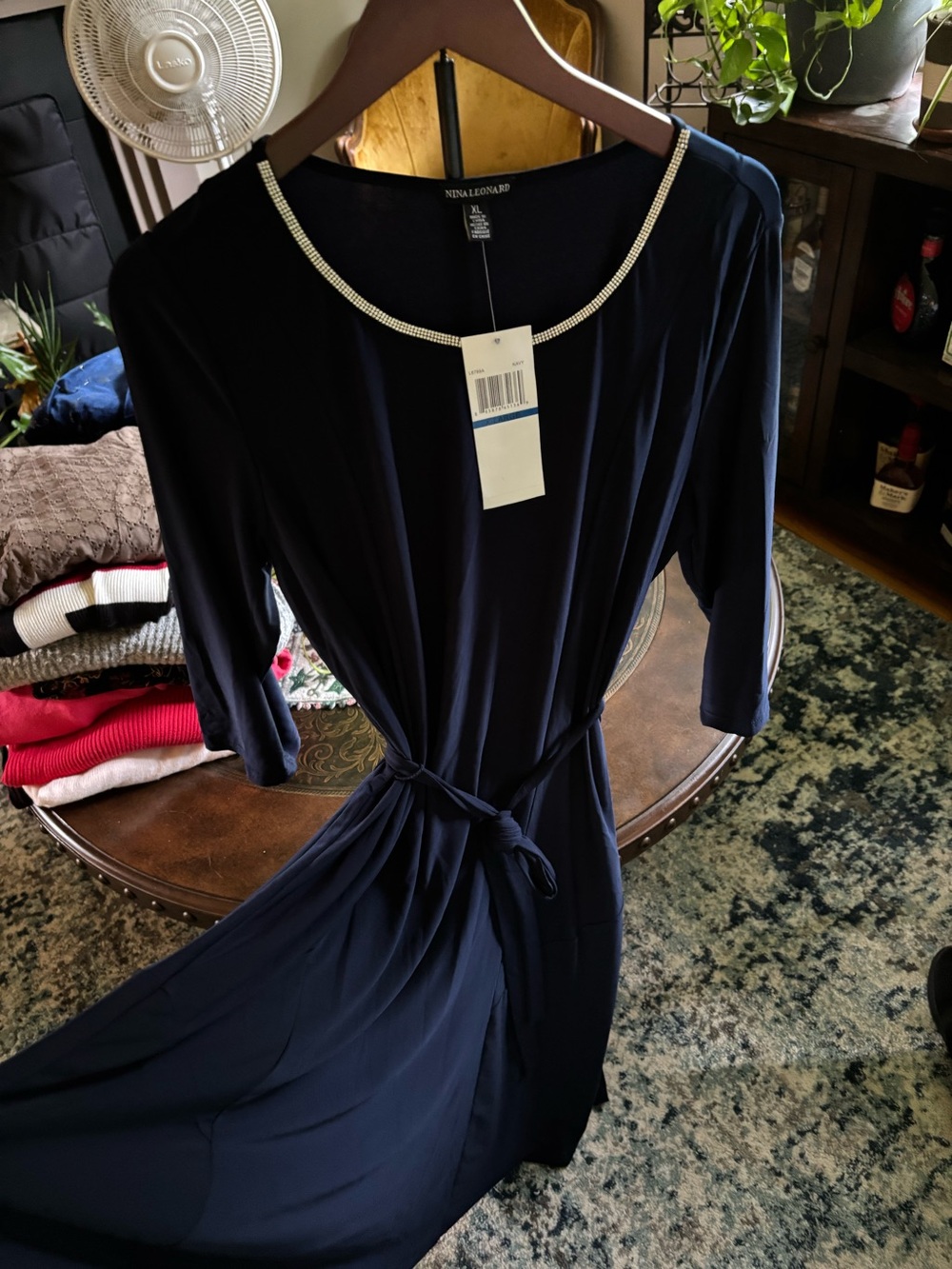 Nina Leonard Navy Midi Dress with Jeweled Scoop Neck